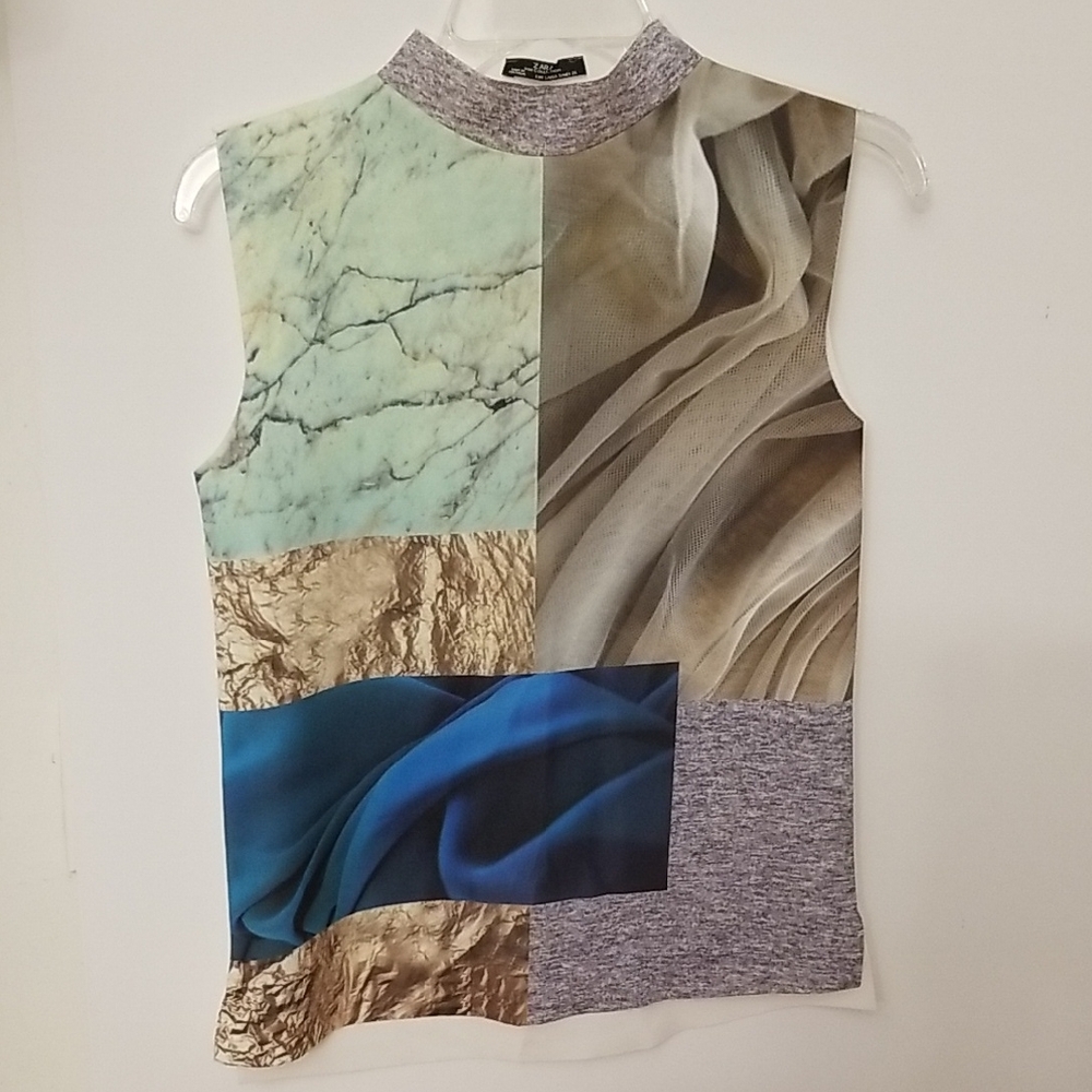 Zara Green and Tan Graphic Fitted Tank Top